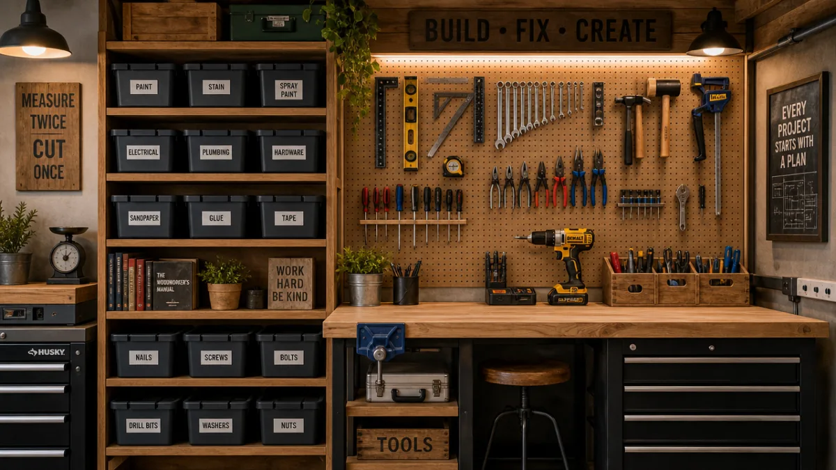 a well-organized DIY workshop with labeled storage bins and tools on pegboard,…