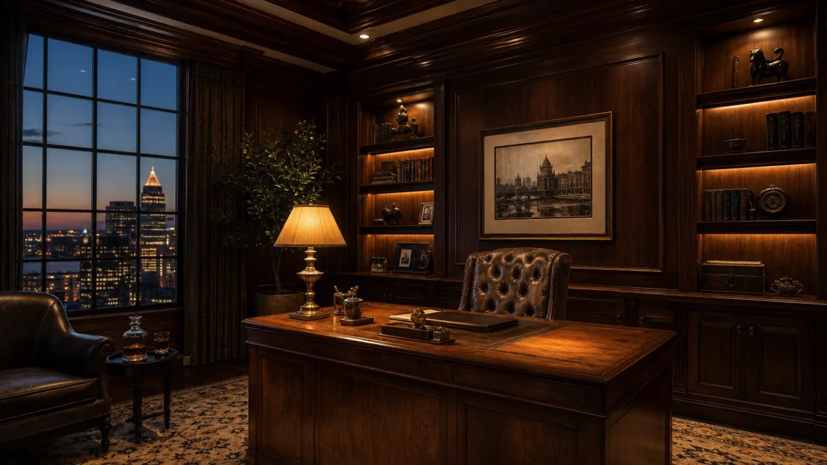 a luxurious home office with rich walnut wood panel walls, warm amber…