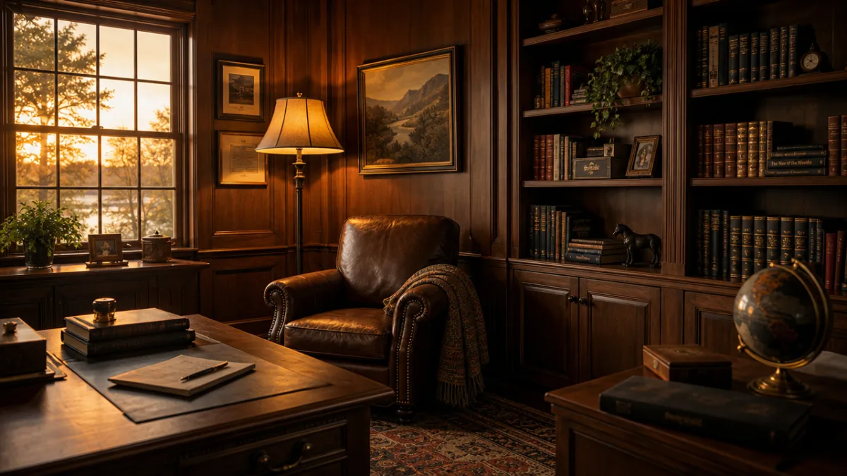 a wood-paneled home office with leather armchair, glowing floor lamp, books arranged…
