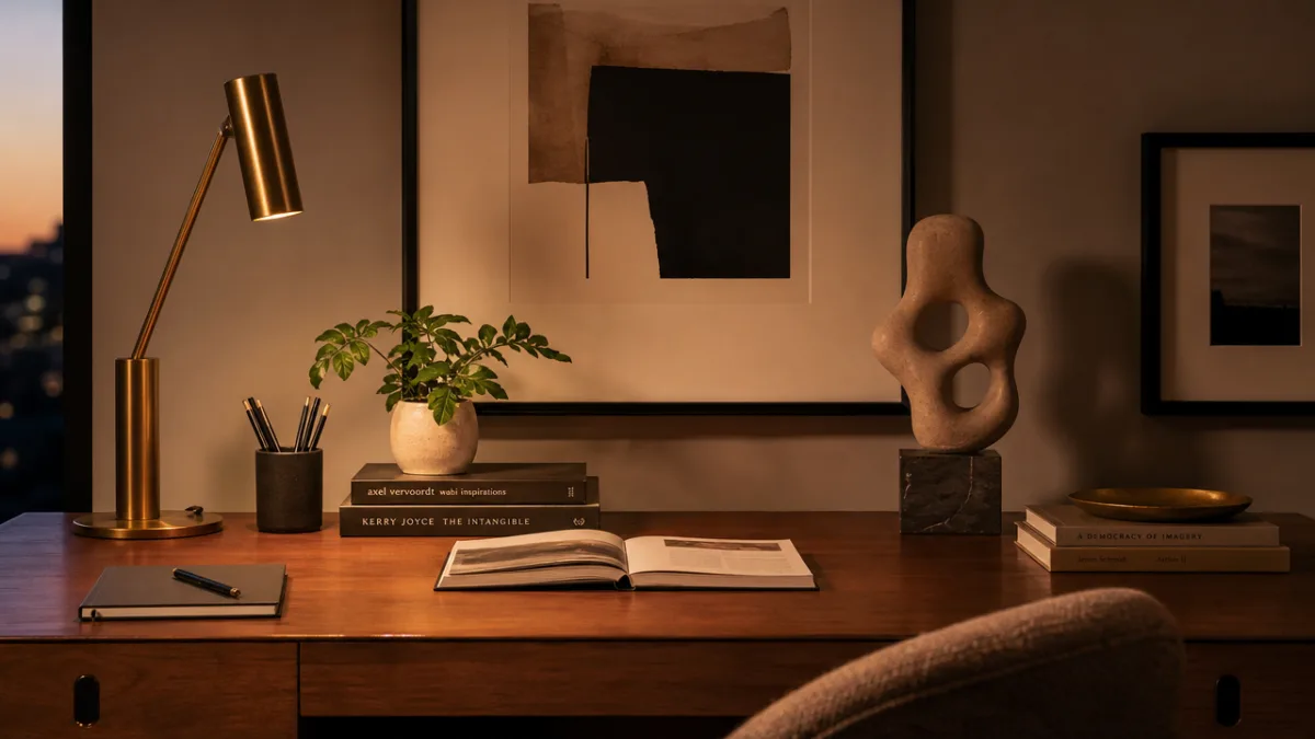 a styled home office desk with sculptural accessories, small plant, framed art,…