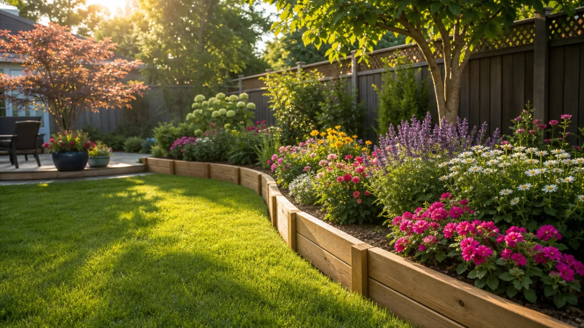 a sunlit backyard garden with neatly installed timber edging separating lawn from…