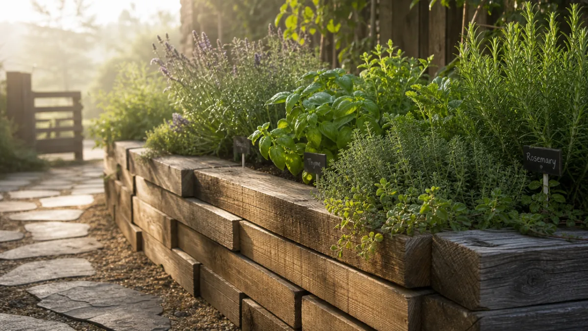 a creative garden border with stacked timber edging forming a raised bed…
