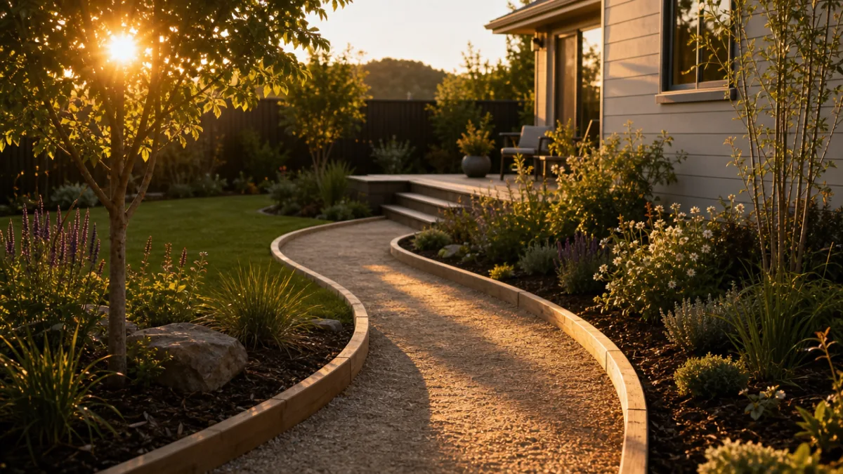 a finished residential garden with timber edging along a winding path, golden…
