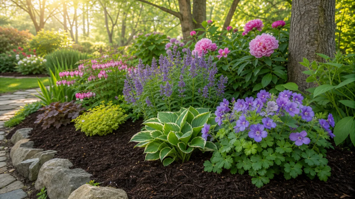 a lush spring garden bed with freshly applied dark brown mulch around…