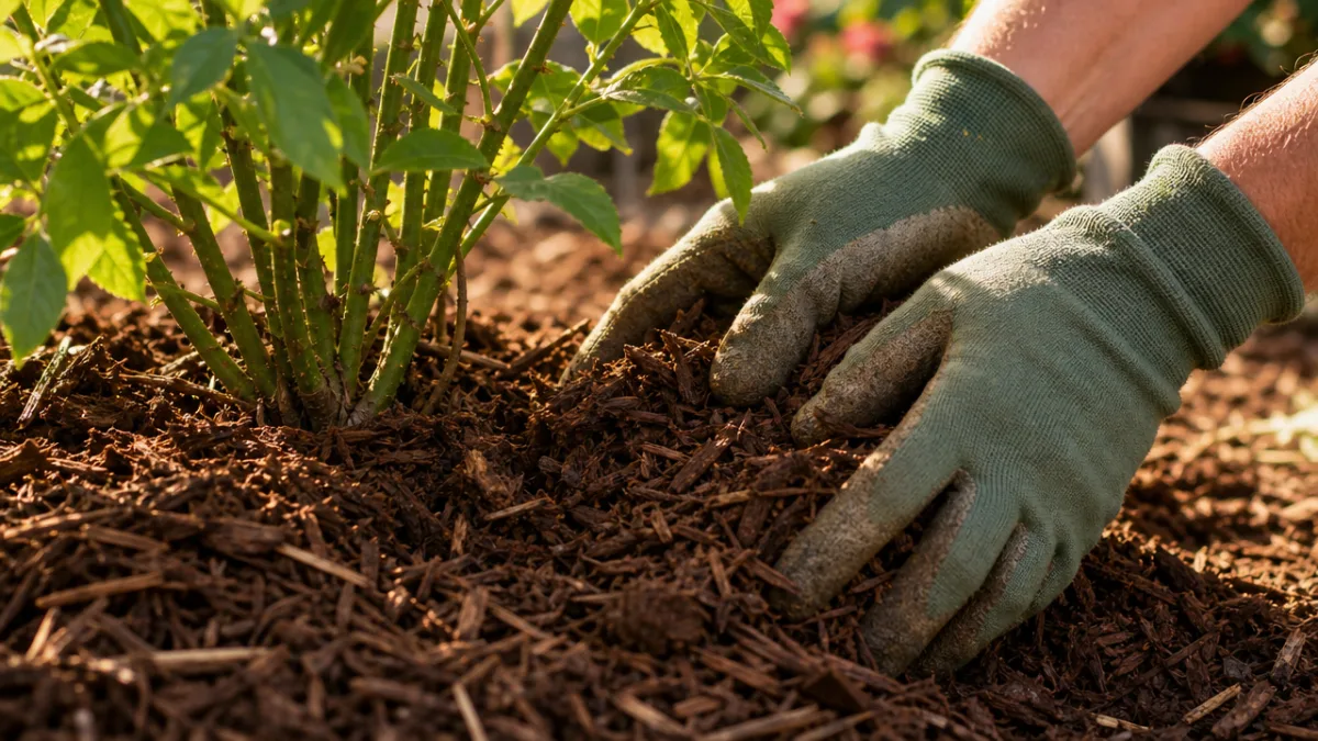 a gardener's gloved hands spreading rich brown mulch around green plant stems,…