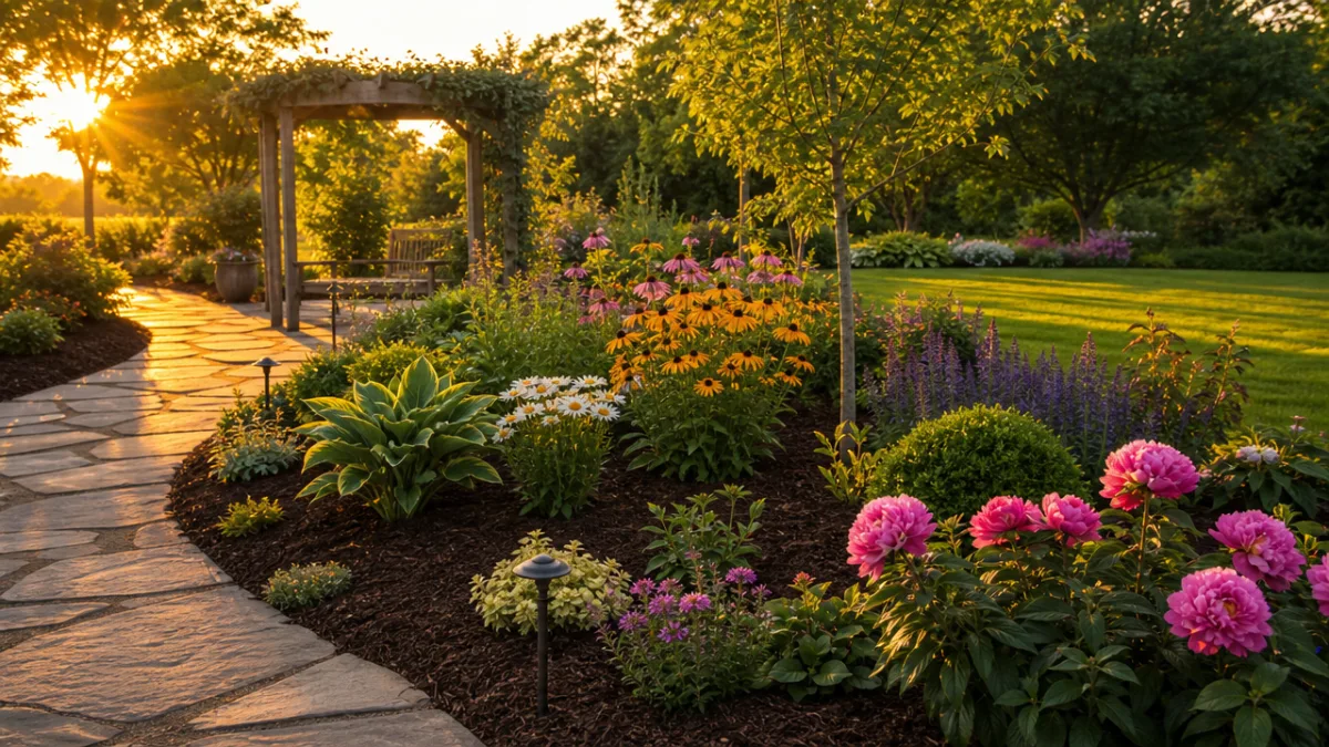 a beautifully maintained garden with deeply mulched beds and vibrant flowering plants,…