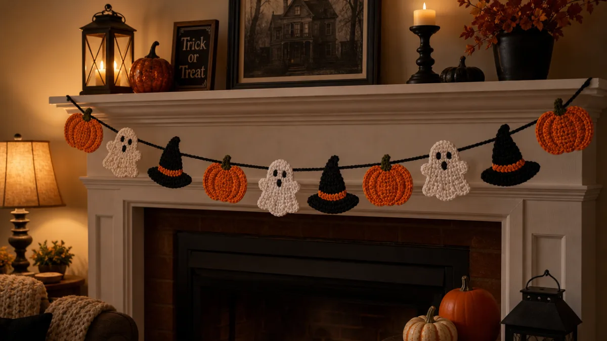 a finished Halloween crochet garland draped over a fireplace mantle, soft evening…