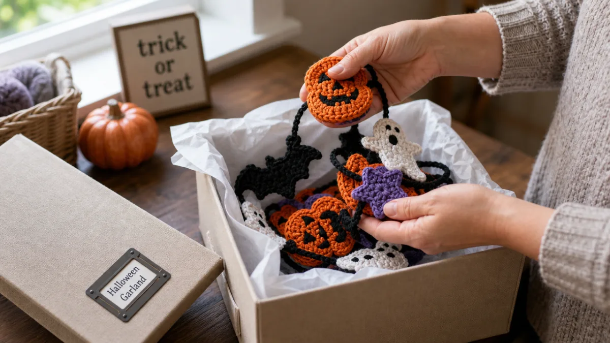 hands gently folding a colorful Halloween crochet garland for seasonal storage, soft…