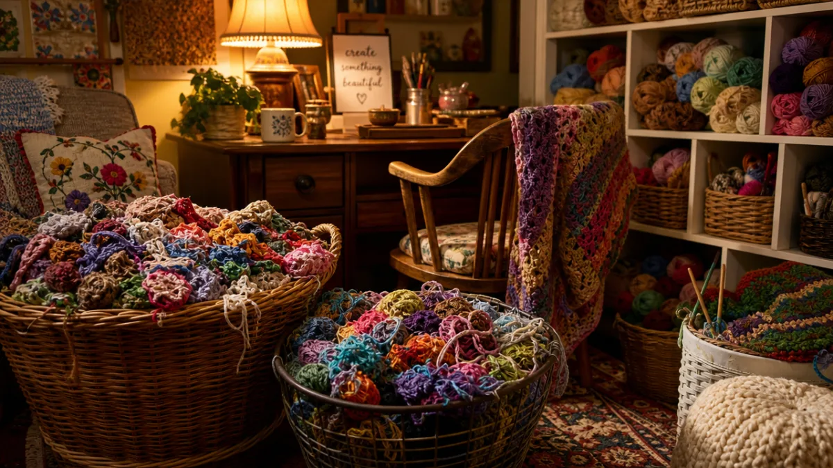 a cozy craft room with baskets overflowing with colorful yarn scraps, warm…