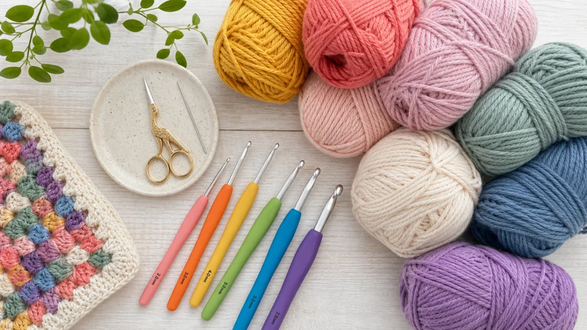 flat lay of crochet supplies including colorful yarn balls, hooks, scissors and…