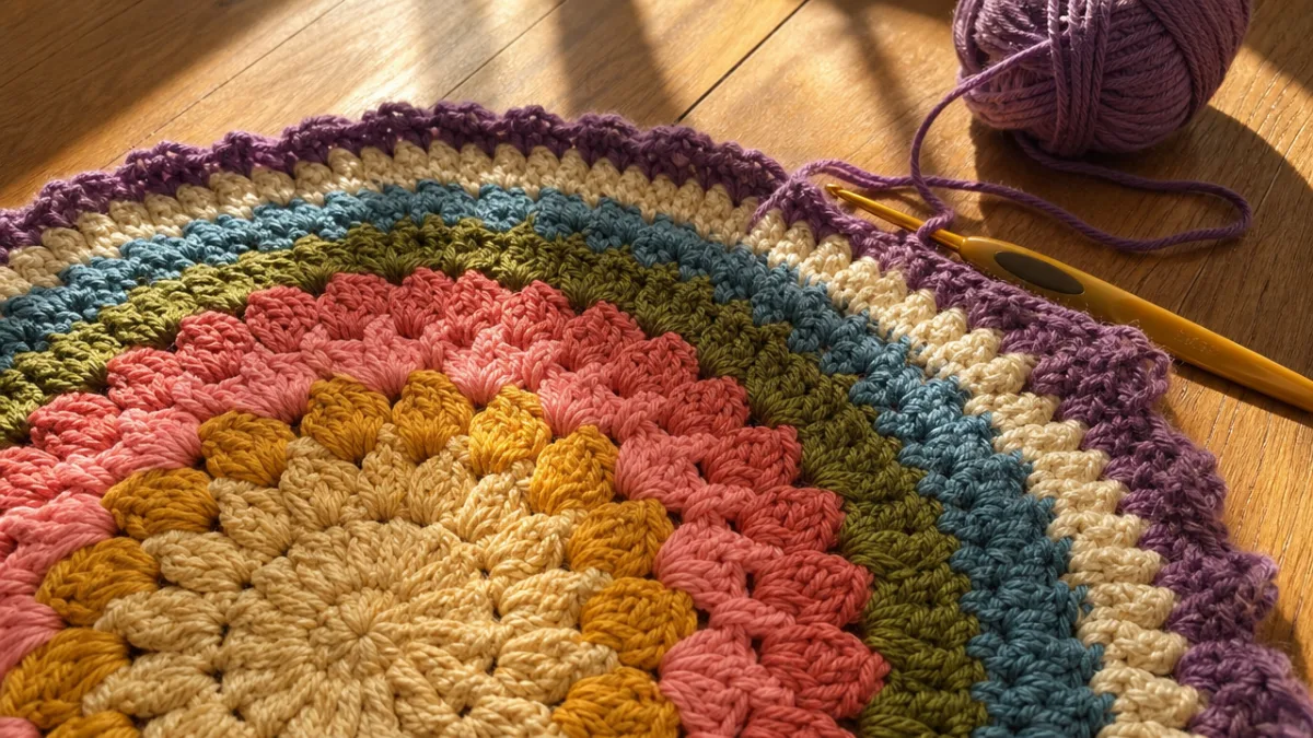 close-up of colorful crochet rug in progress on a wooden floor, warm…