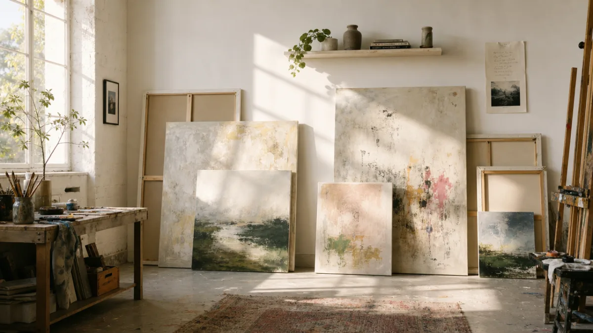 a sunlit artist's studio with stretched canvases arranged against a white wall,…