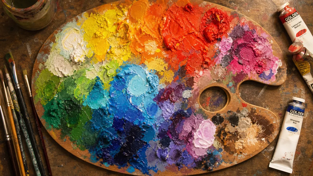 an overhead view of a colorful artist's palette with mixed acrylic paints,…