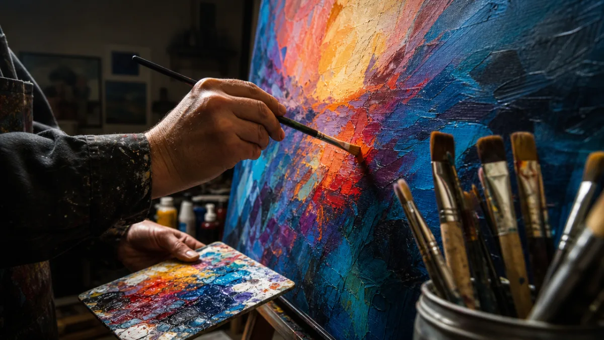 an artist's hands applying vibrant acrylic paint to canvas with multiple brushes…