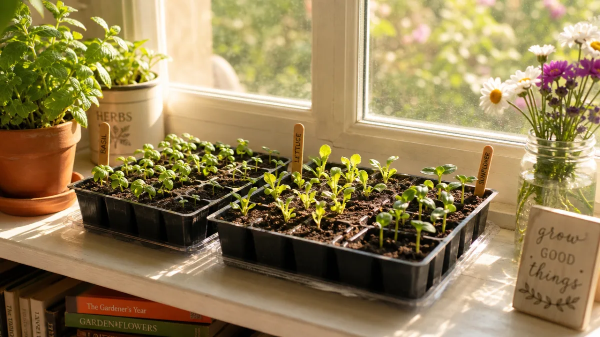a bright sunlit windowsill with seed trays and sprouting seedlings, warm indoor…
