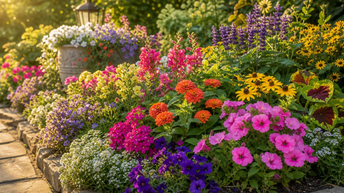 a lush garden bed with colorful mixed annual flowers blooming under soft…