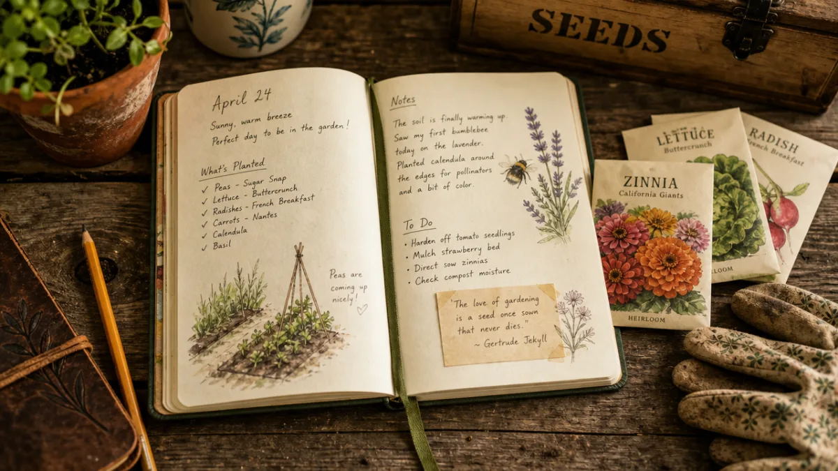 a gardener's journal open beside seed packets and gardening gloves on a…