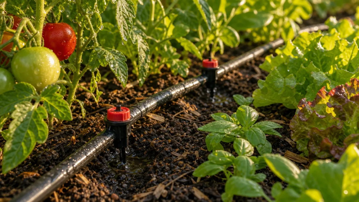 a close-up of drip irrigation emitters and tubing installed in a lush…