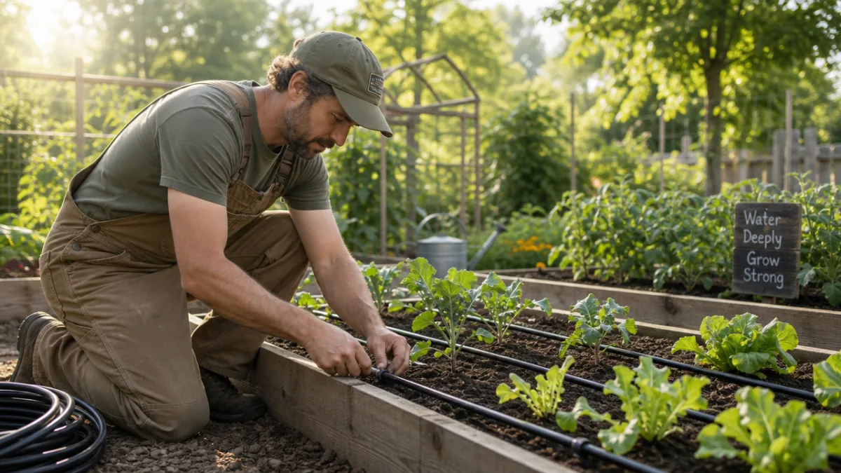 a gardener installing drip irrigation tubing in raised vegetable beds, soft morning…