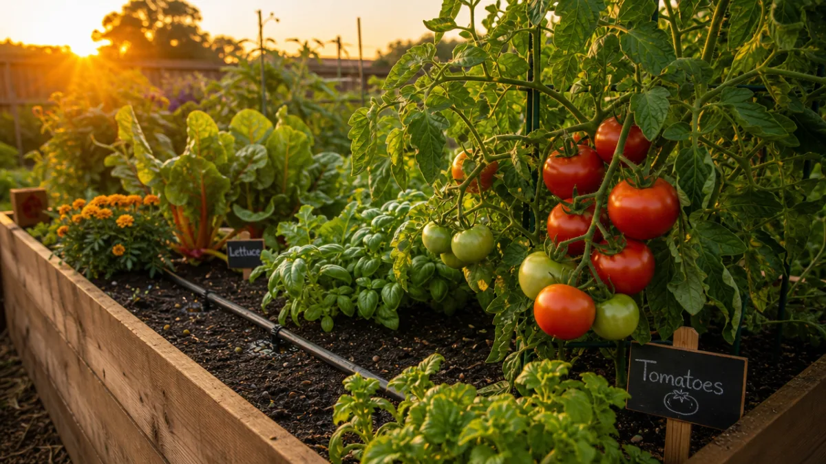 a thriving raised garden bed with ripe tomatoes and vegetables watered by…