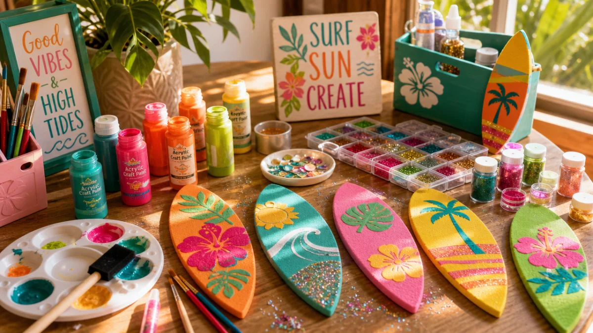 a bright craft table covered with tropical-colored paints, foam surfboard shapes, and…