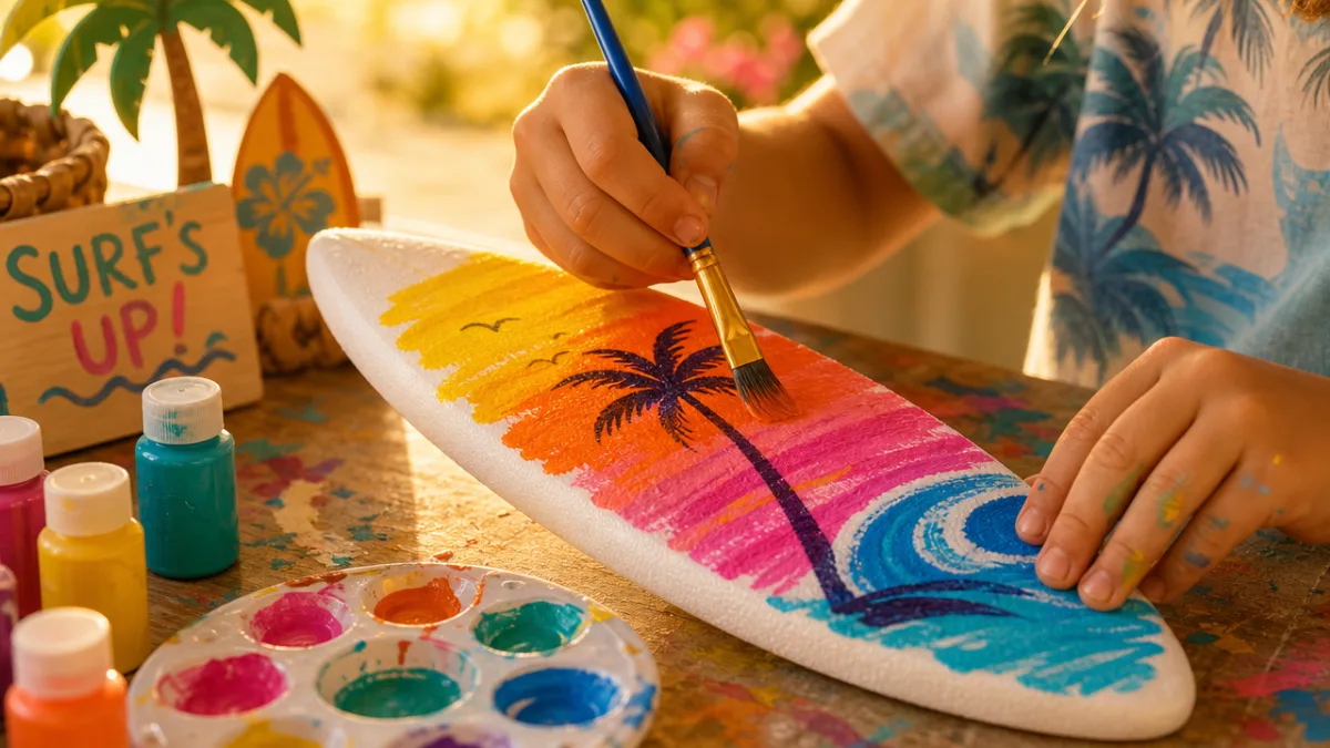 a child's hands joyfully painting bright tropical colors onto a foam surfboard…