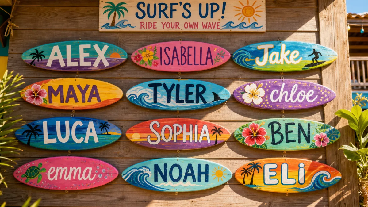 a collection of finished colorful surfboard name crafts displayed on a sunny…