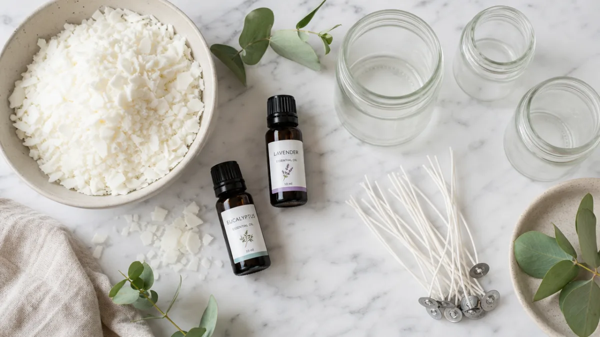 a flat lay of soy wax flakes, essential oil bottles, cotton wicks,…