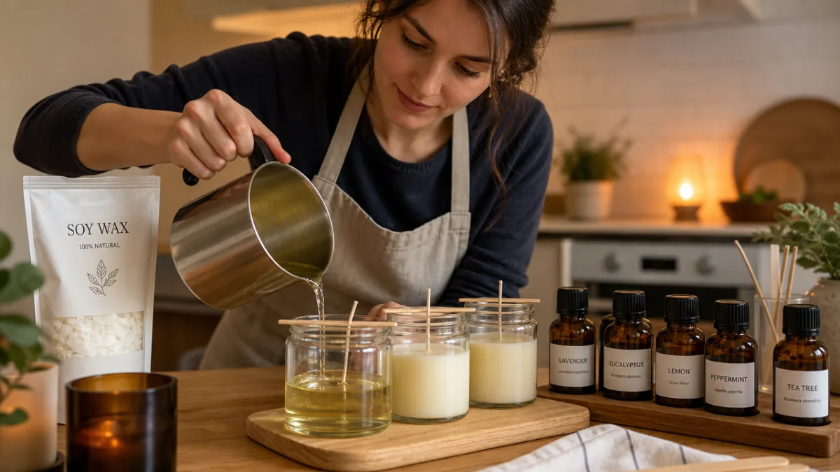 a person carefully pouring melted soy wax into glass jars with essential…