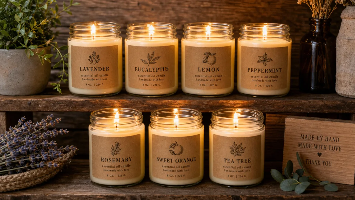 a finished collection of handmade essential oil candles in glass jars with…