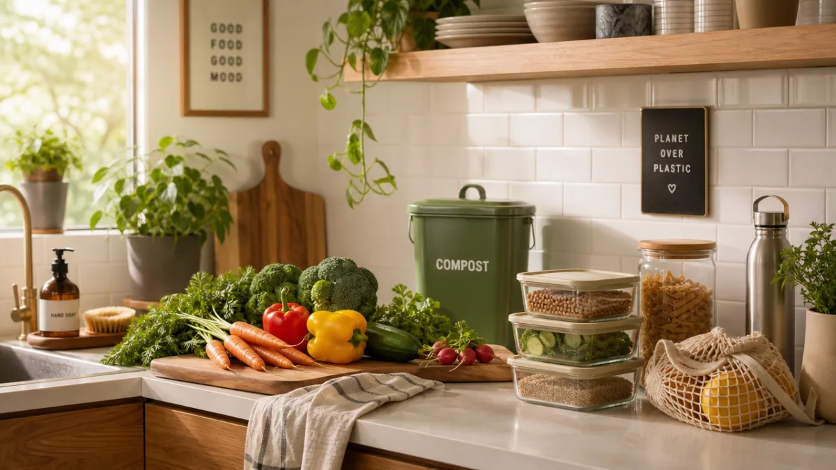 a warm-lit modern kitchen counter with fresh vegetables, a compost bin, and…