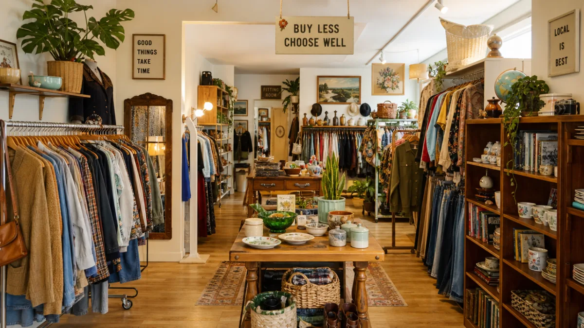 a bright thrift store interior with neatly arranged secondhand clothing and vintage…