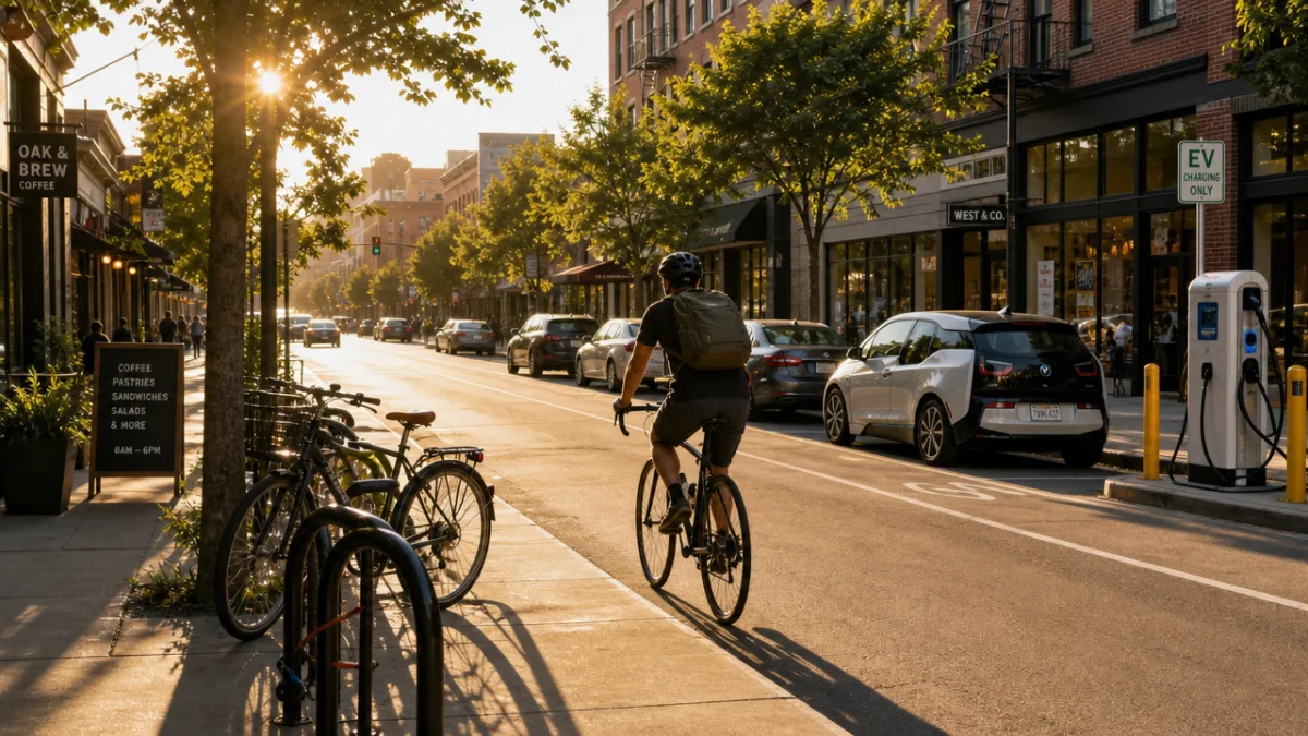 a sunlit urban street with a cyclist passing parked bicycles and electric…
