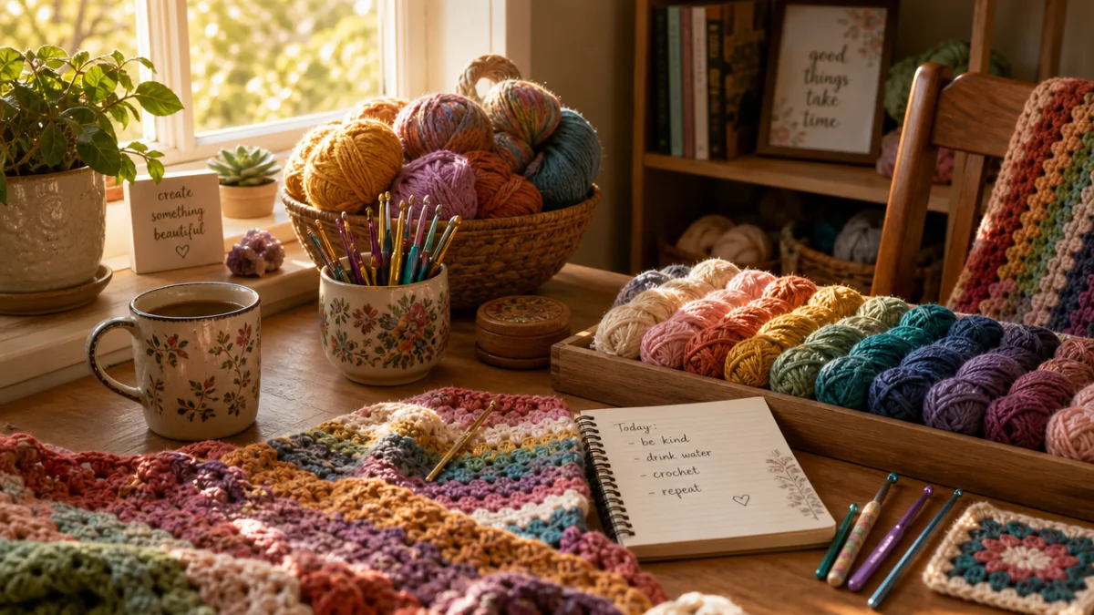 a cozy craft table covered with colorful yarn skeins and crochet hooks,…