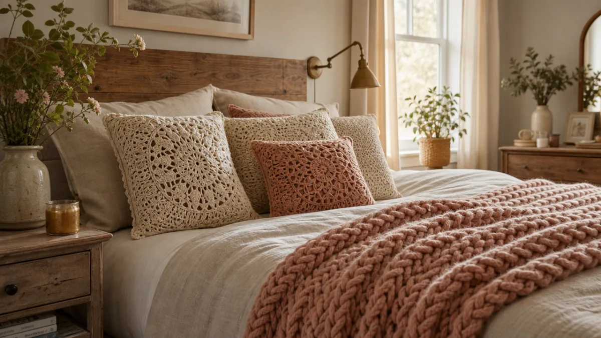 a beautifully styled bedroom with handmade crochet pillow covers and a chunky…