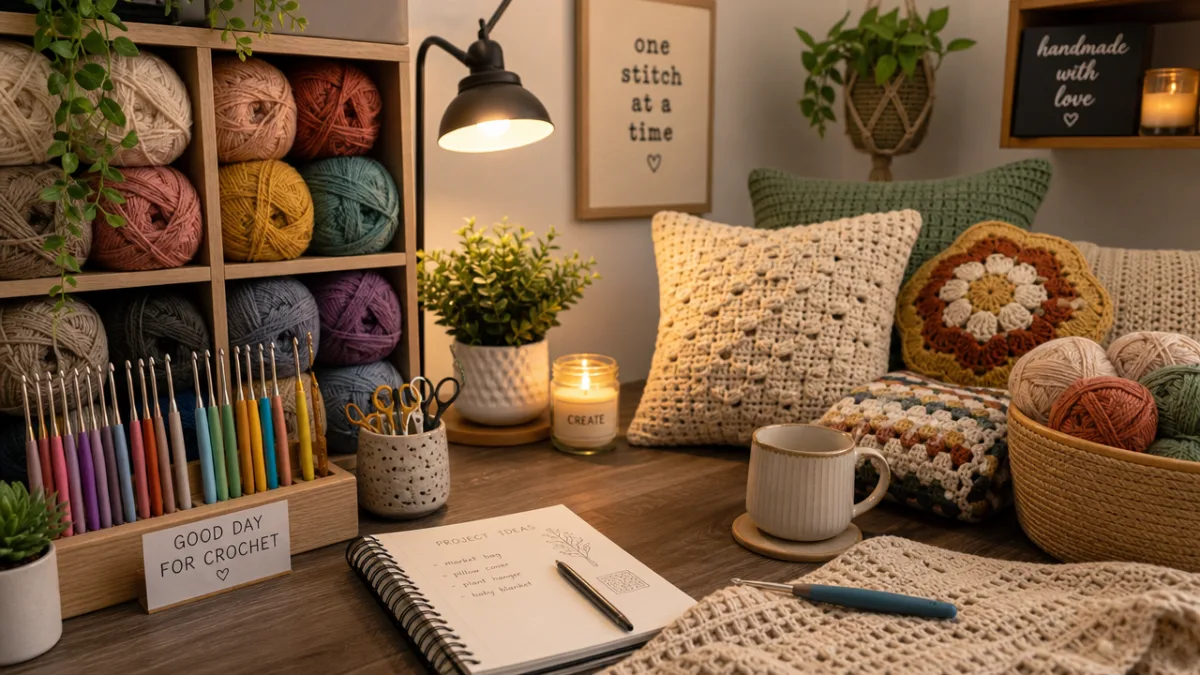 an organized crochet workspace with finished home decor pieces, hooks and yarn…