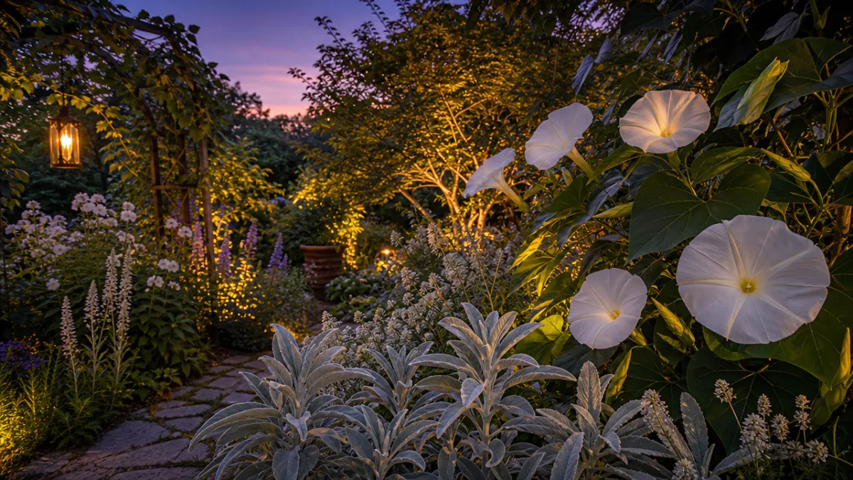 a lush evening garden with white moonflowers and silver-leafed plants glowing under…