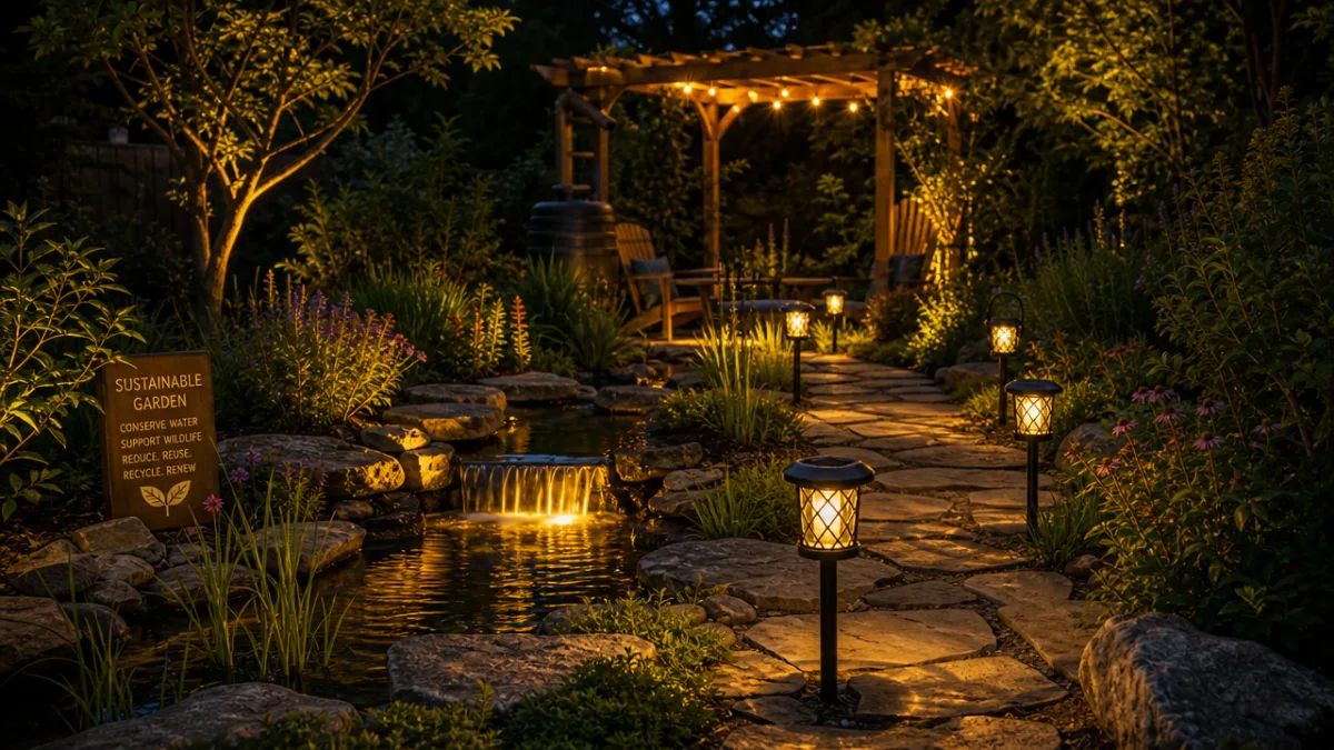 a sustainable garden at night with solar lanterns along a stone path,…