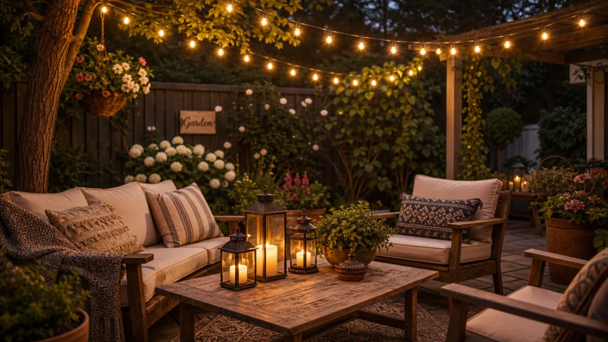 a cozy garden seating area with festoon string lights overhead and lanterns…