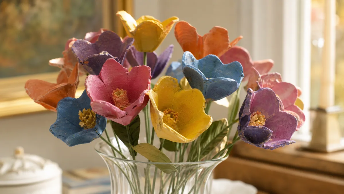 a close-up of colorful painted egg carton flowers in a glass vase,…