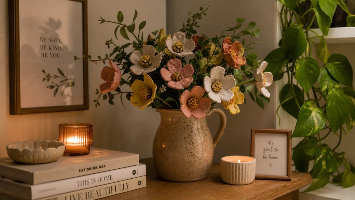a styled home corner with a vase of egg carton flowers, greenery,…