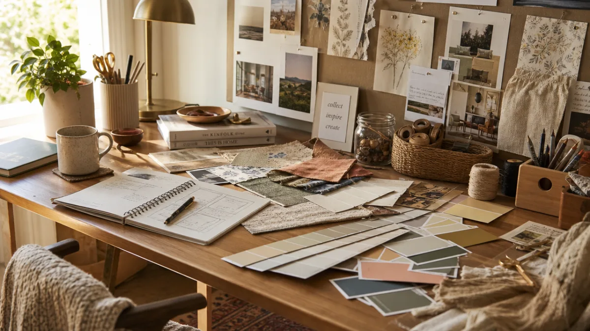 a cozy home workspace with mood boards, fabric swatches, paint samples and…