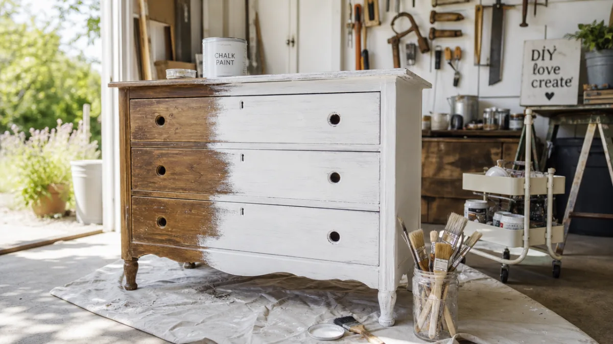 a reclaimed wooden dresser being painted white with chalk paint in a…