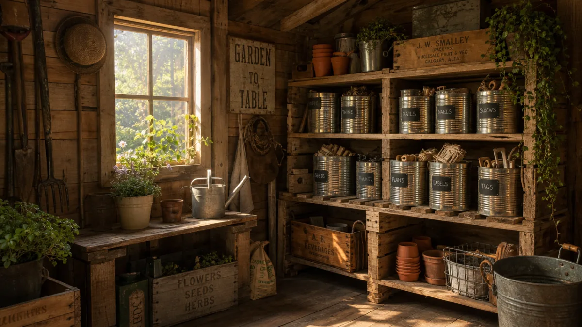 a rustic garden shed interior with wooden pallets and metal cans repurposed…
