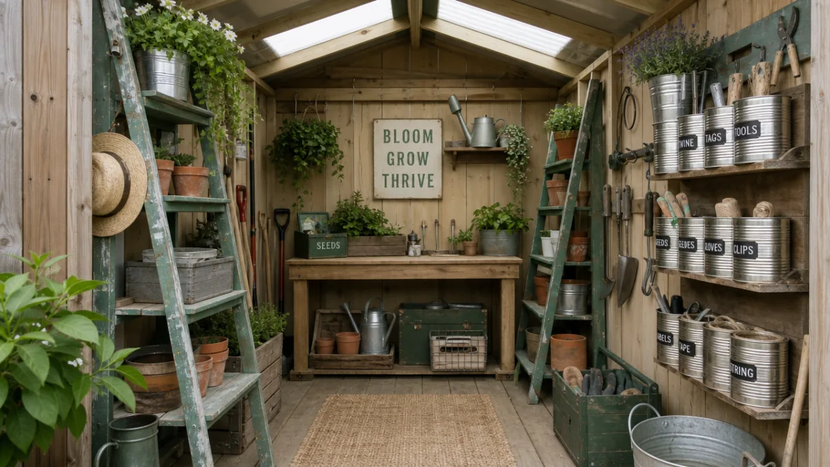 a neatly organized garden shed with upcycled ladder shelves and tin can…