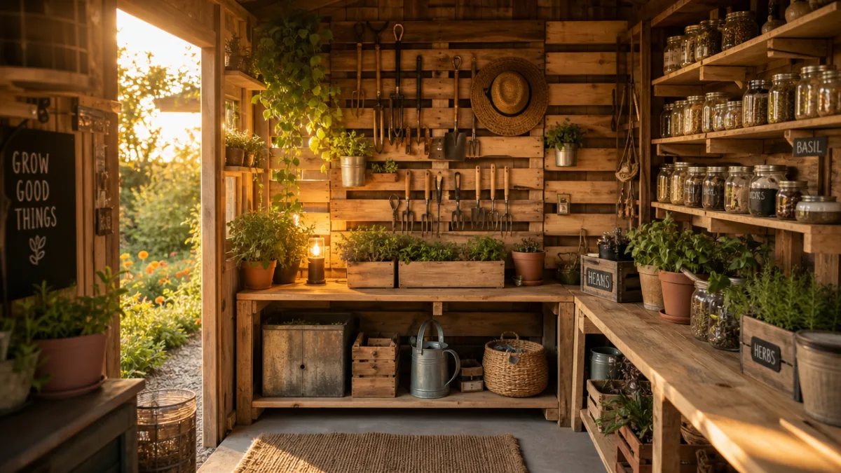 a beautifully organized sustainable garden shed with upcycled jars, tools on pallet…