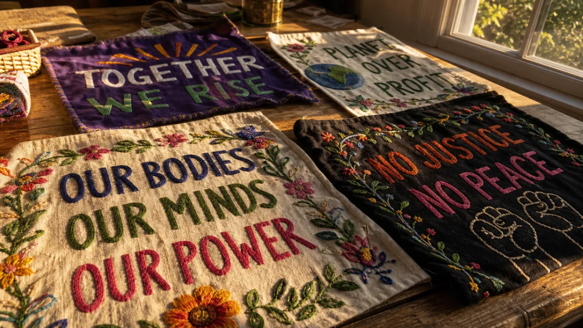 a close-up of colorful embroidered protest banners spread on a wooden table,…