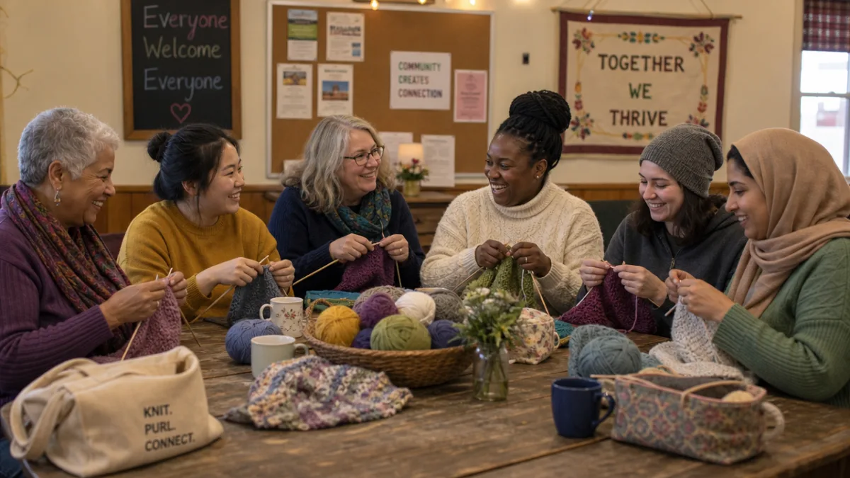 a diverse group of women knitting together around a rustic table, soft…