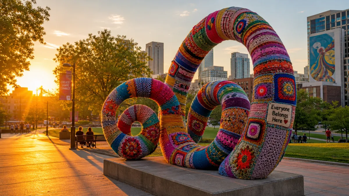 a colorful yarn-bombed public sculpture in an urban park, golden hour sunlight…