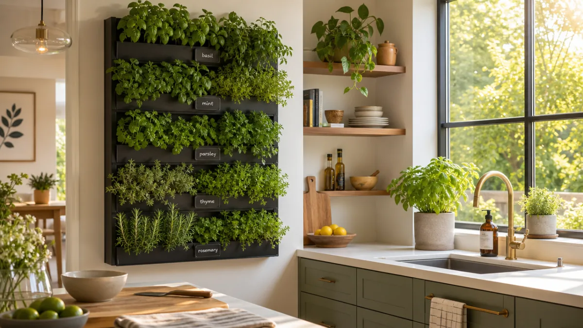 a bright modern kitchen with a lush vertical herb wall mounted beside…